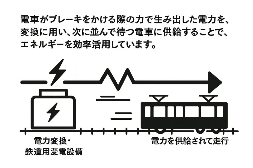 ブレーキで発生した電力を変換し、次の電車に供給する仕組みを示すモノクロ線画イラスト