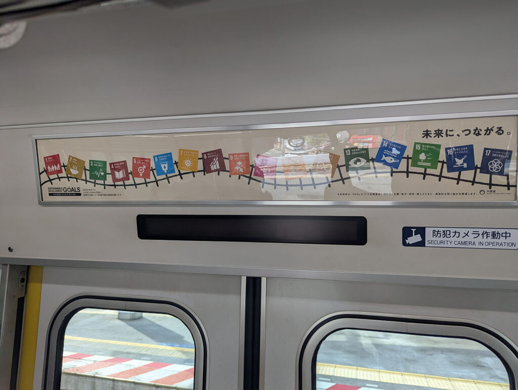 電車内のドア上に掲示されたSDGs目標のポスター。線路の上に17のカラフルなアイコンが並び、「未来につながる。」と書かれている。