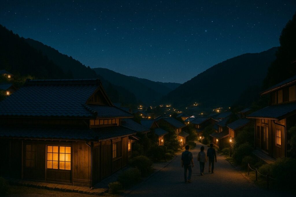 日本の山里の夜景。改修された古民家に灯りがともり、観光客がまち歩きする。分散型ホテルのような温かい雰囲気。星空と街明かりの融和