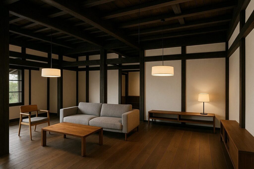 本の伝統的な古民家の内部空間。黒い梁と白壁、モダンな照明と家具。古材と現代デザインが融合した上質なリノベーションインテリア