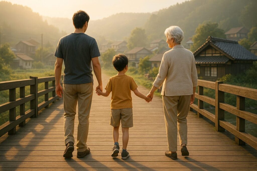 木製の橋の上で世代を超えた三人(子ども・親・祖父母)が手をつなぎ、背景に田舎の集落と古民家が広がる。朝の光に包まれた温かな風景