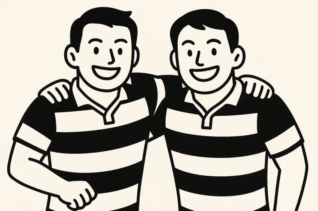 ラグビージャージを着た笑顔を男二人が型を組んでこちらを見ているイラスト。