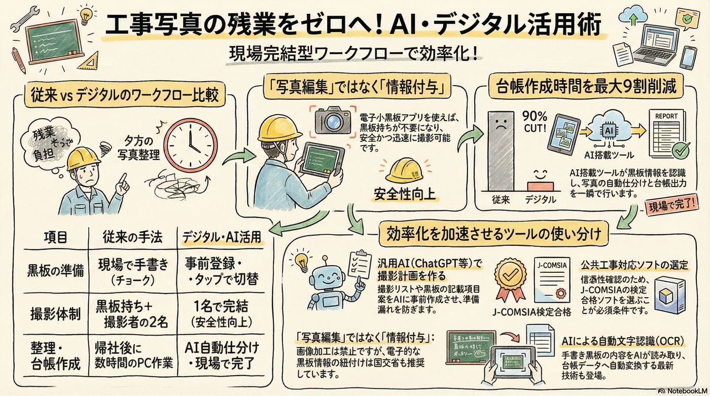 工事写真の整理・黒板入力をAIで効率化する方法|現場監督の残業を減らすツール活用術